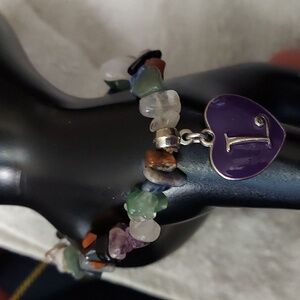 Multi Chakra Gemstone Chip Intial "L" Heart Charm Stretch Bracelet